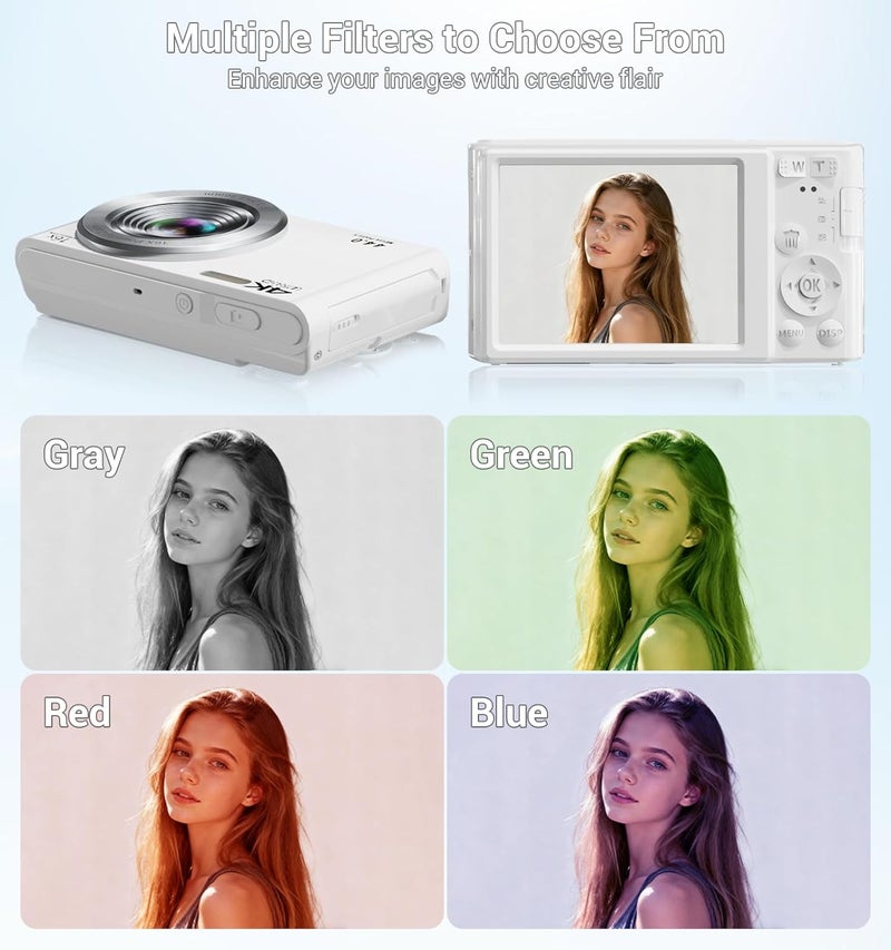 ceye Digital Camera, FHD 4K Compact Cameras with 64GB SD Card 2 Batteries, Portable Travel Digital Camera with 16X Autofocus Digital Zoom Small Camera for Teens Kids Boys Girls - Image 4